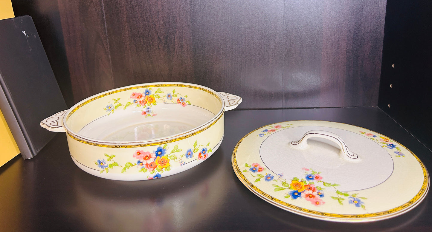 Vintage Johnson Bros Covered Dish Floral Pattern with Gold Trim Pareek England