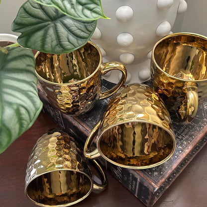 Gold Hammered Coffee Mug Set of 4 Baroque Collection Metallic Glam Kitchen Mugs