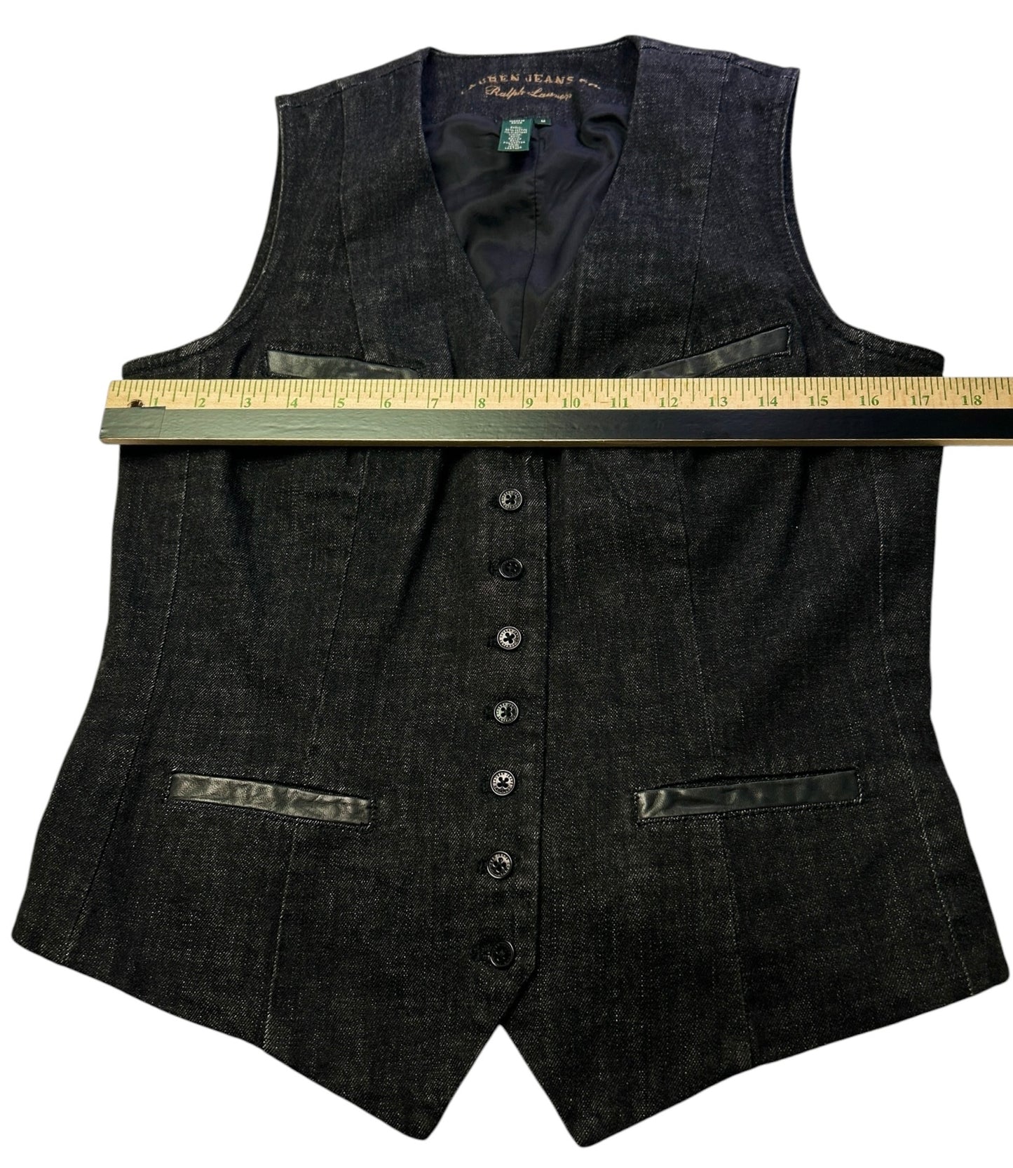 Ralph Lauren Jeans Co. Denim Vest Womens Medium Black Button Front Leather Trim