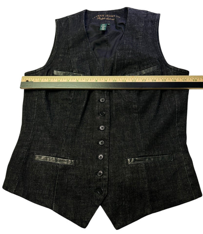 Ralph Lauren Jeans Co. Denim Vest Womens Medium Black Button Front Leather Trim