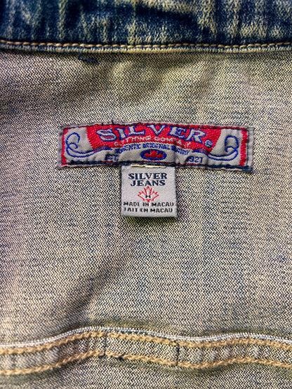 Denim Jacket Women’s Medium Light Wash Silver Jean Jacket Size