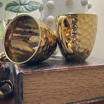 Gold Hammered Coffee Mug Set of 4 Baroque Collection Metallic Glam Kitchen Mugs