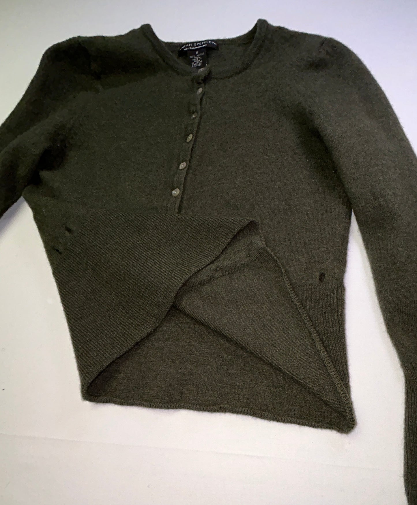 Sarah Spencer 100% Merino Wool Cardigan Olive Green Button Front Small