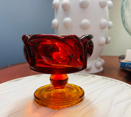 Vintage Tiara Indiana Glass Amberina Candle Holder SunsetLeaf Pedestal RedOrange