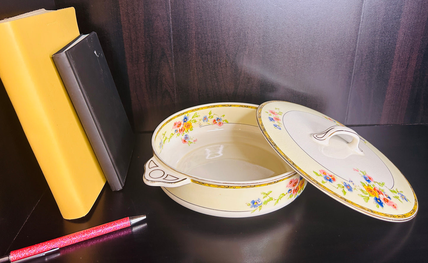 Vintage Johnson Bros Covered Dish Floral Pattern with Gold Trim Pareek England