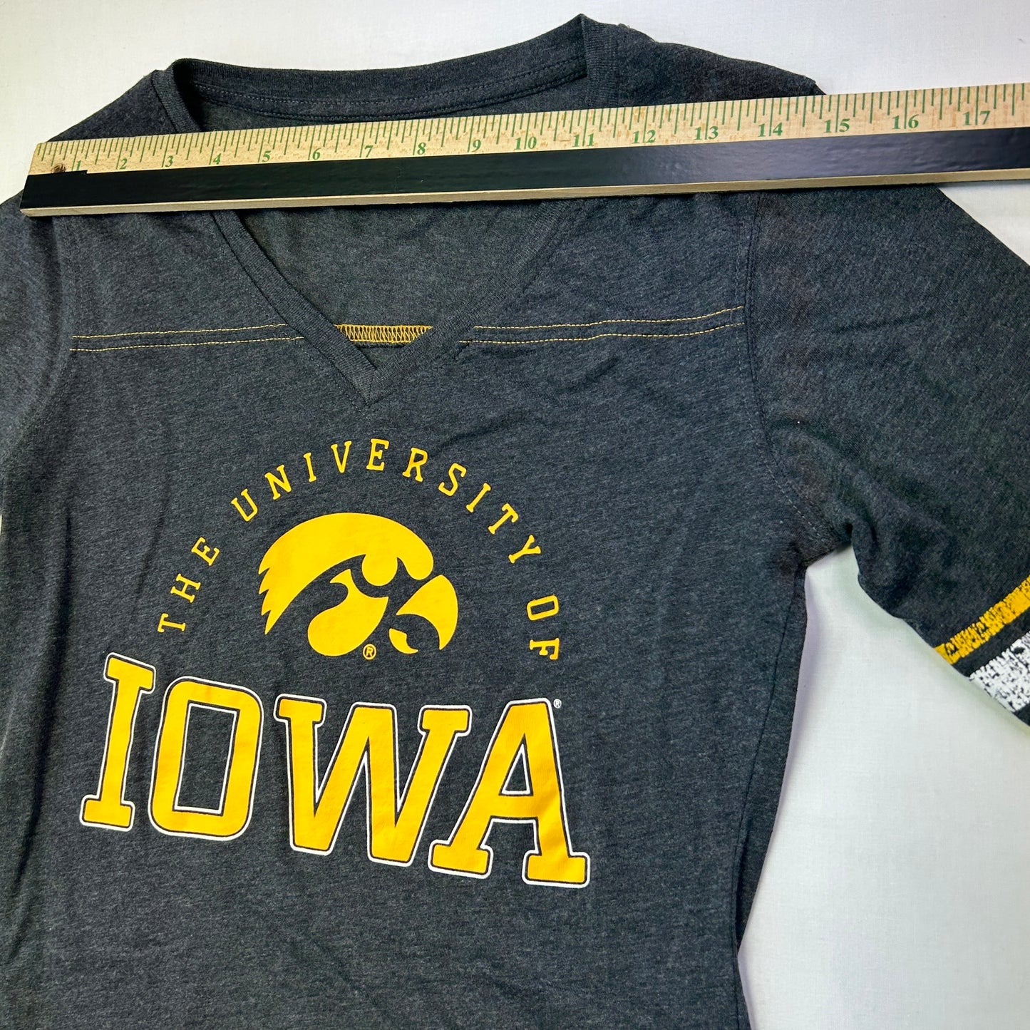 University of Iowa Hawkeyes Women's V-Neck Football Style Tee Gray Size Small