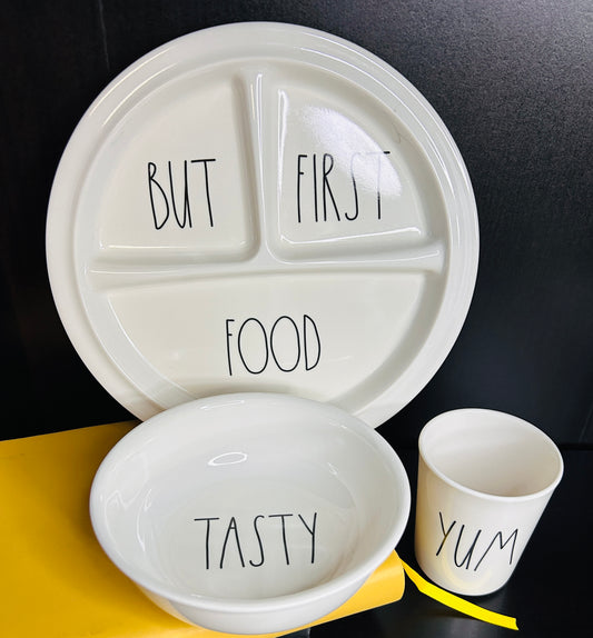 Rae Dunn Kids Dinnerware Set - BUT FIRST FOOD Divided Plate,  TASTY Bowl & YUM Cup - Artisan Collection