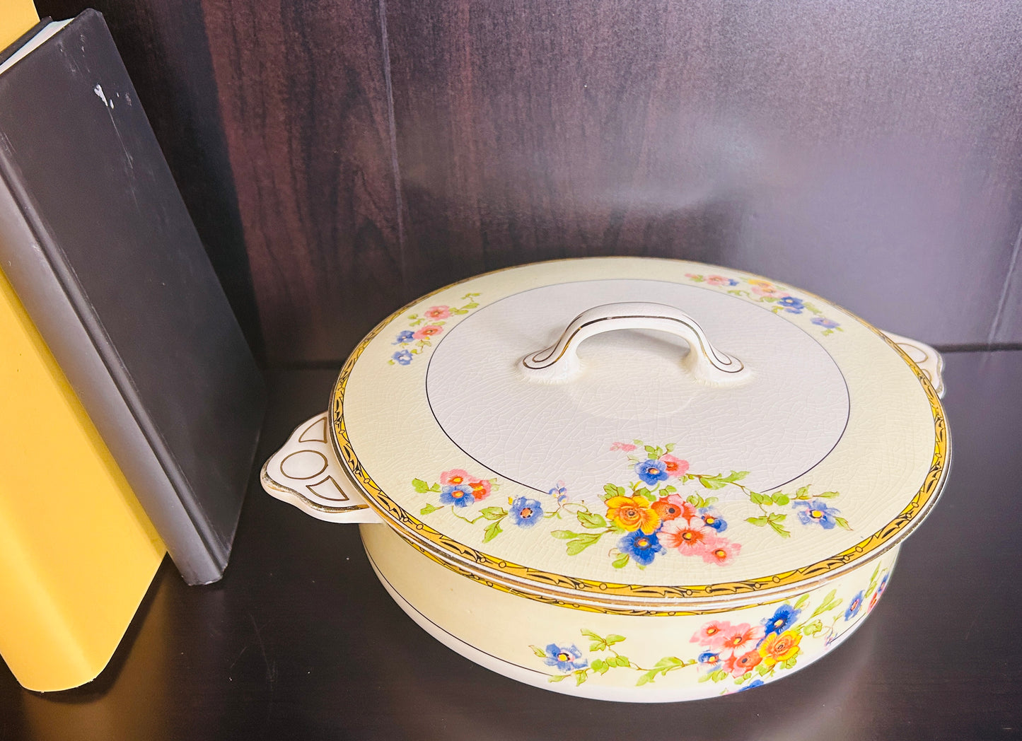 Vintage Johnson Bros Covered Dish Floral Pattern with Gold Trim Pareek England