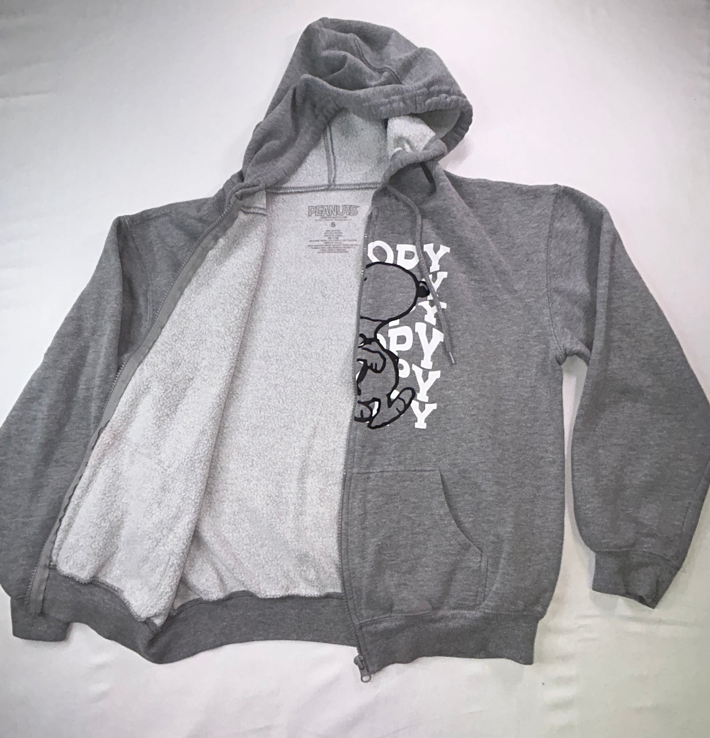 Peanuts Snoopy Full Zip Hoodie Sweatshirt Gray Size Small Fleece Lined Graphic
