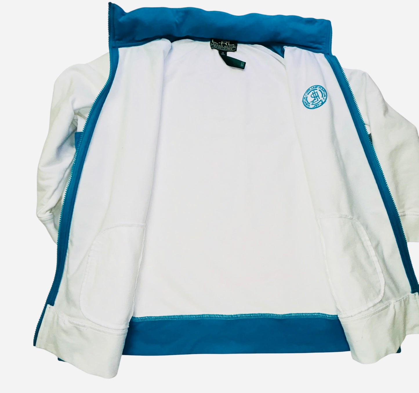 Lauren Ralph Lauren Active Jacket Womens 1X White Blue Full Zip Mock Neck Athletic