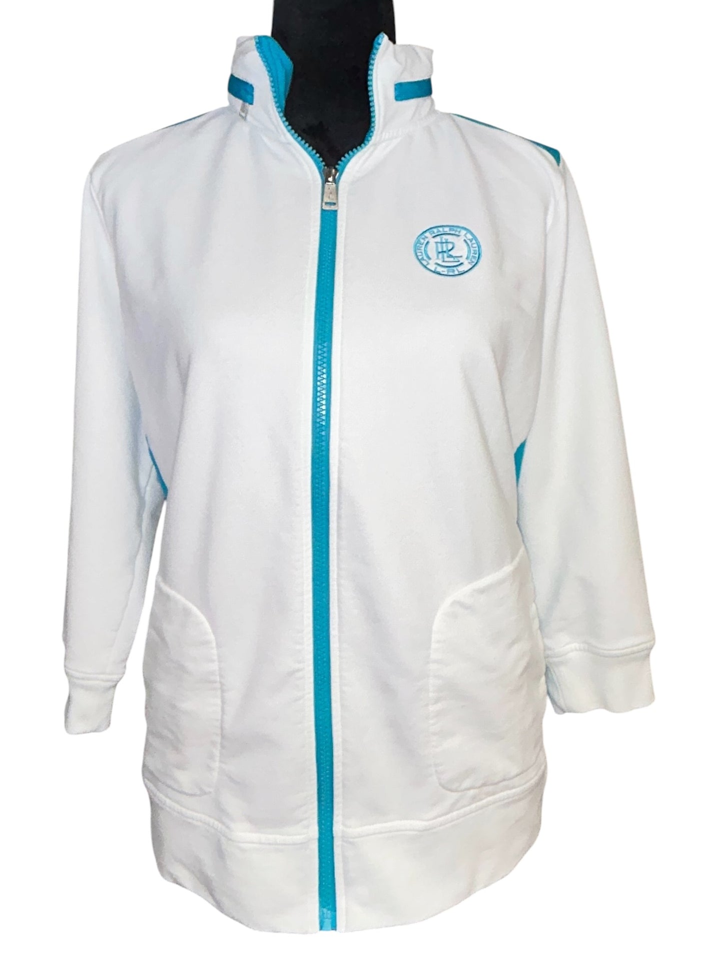 Lauren Ralph Lauren Active Jacket Womens 1X White Blue Full Zip Mock Neck Athletic