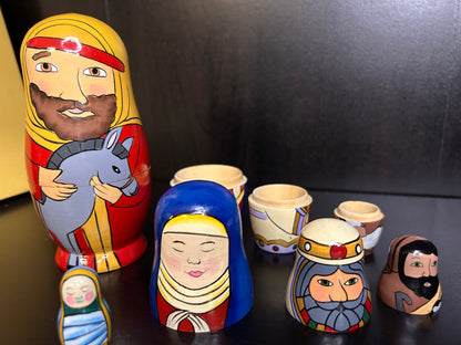 Hand Painted Nativity Nesting Dolls - Wooden Matryoshka Style Christmas Nativity Set