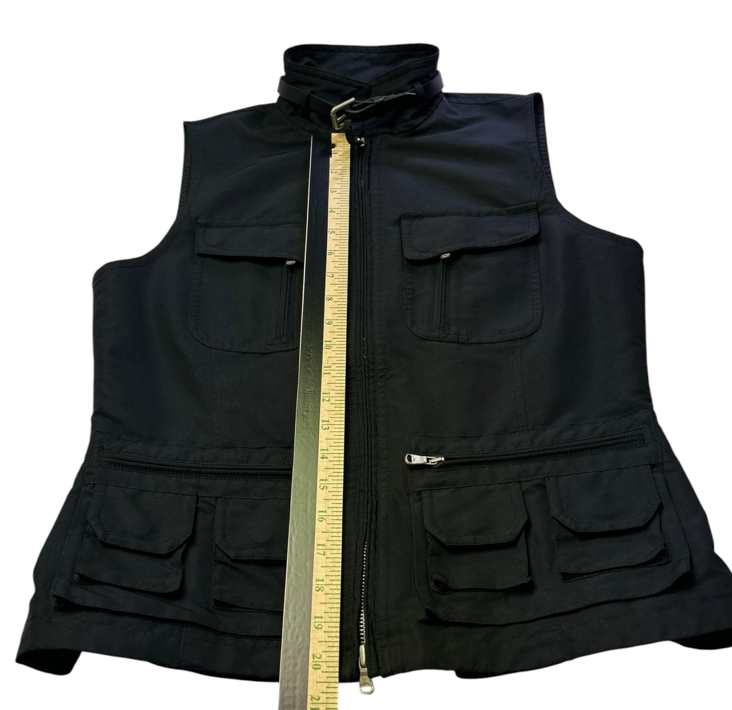 Lauren Ralph Lauren Utility Vest Womens Medium Black Zip Front Belted Collar Safari